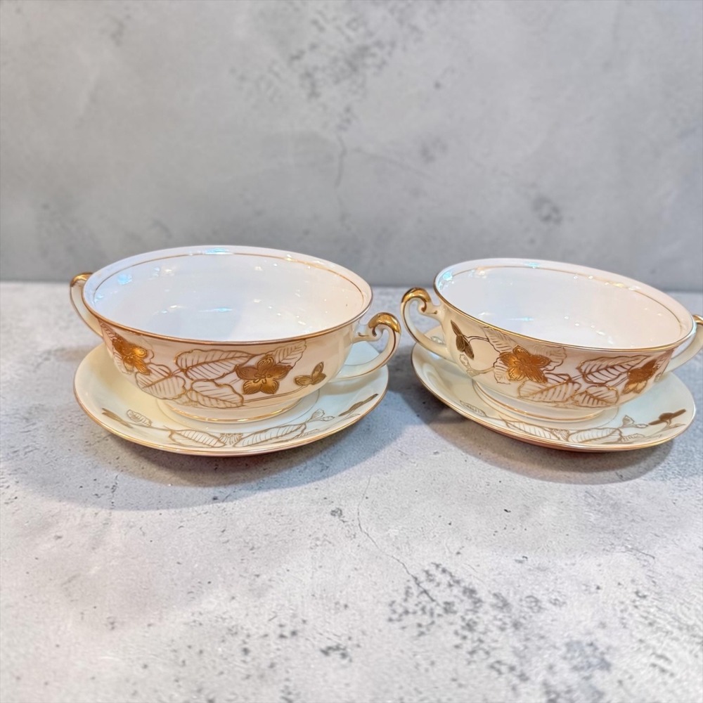 VTG Craftsman China Anniversary 178-R Gold Floral Soup Bowls Saucers Set of 2